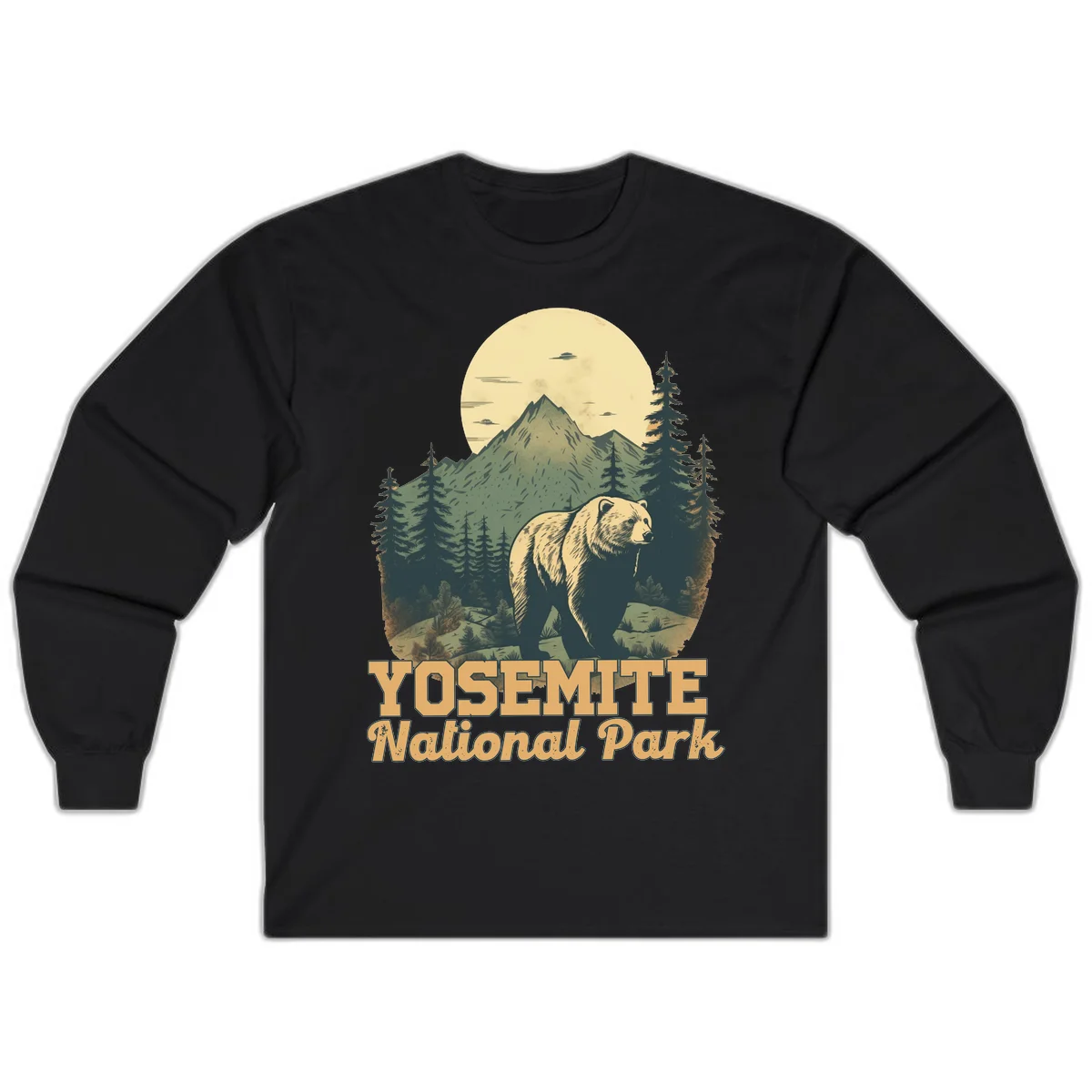 Vintage-style illustration of a grizzly bear before a mountain with full moon, forest, and UFOs—Yosemite National Park design in Black