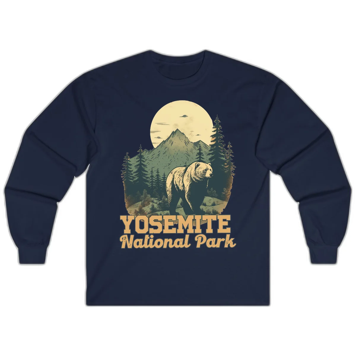 Vintage-style illustration of a grizzly bear before a mountain with full moon, forest, and UFOs—Yosemite National Park design in Navy