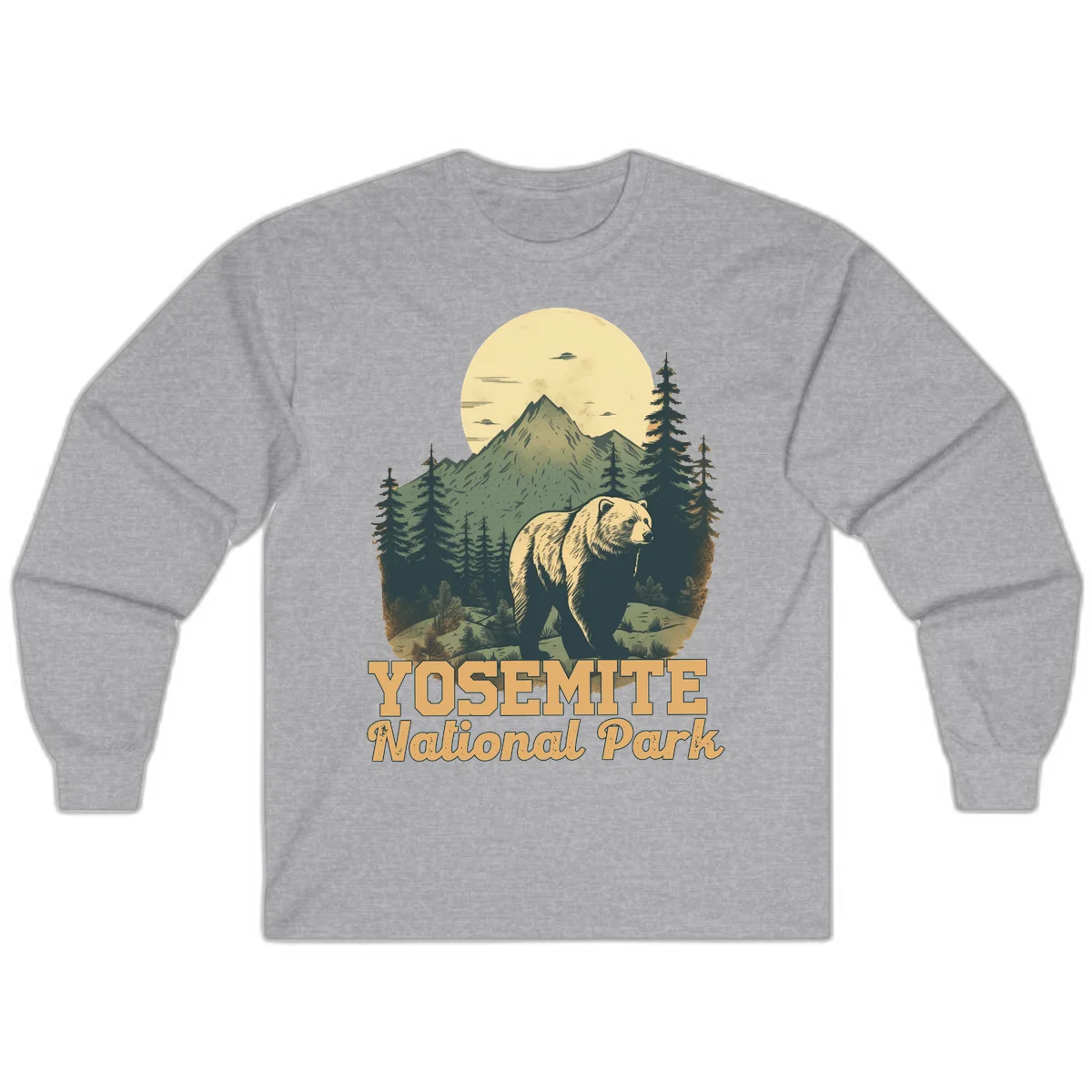 Vintage-style illustration of a grizzly bear before a mountain with full moon, forest, and UFOs—Yosemite National Park design in Sport Grey