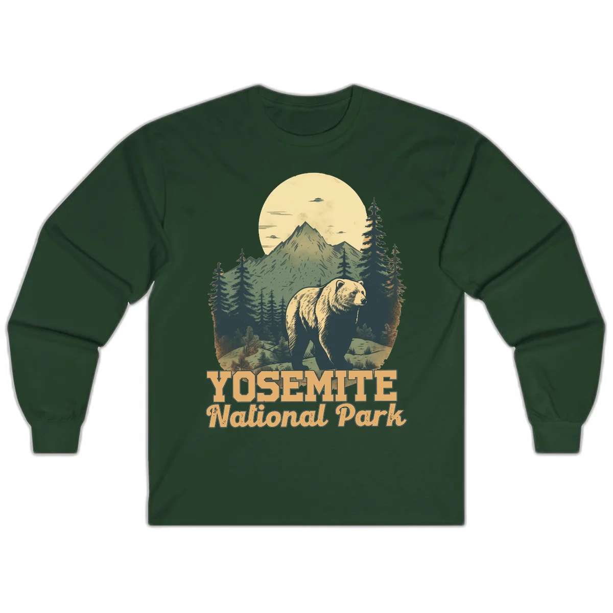 Vintage-style illustration of a grizzly bear before a mountain with full moon, forest, and UFOs—Yosemite National Park design in Forest Green