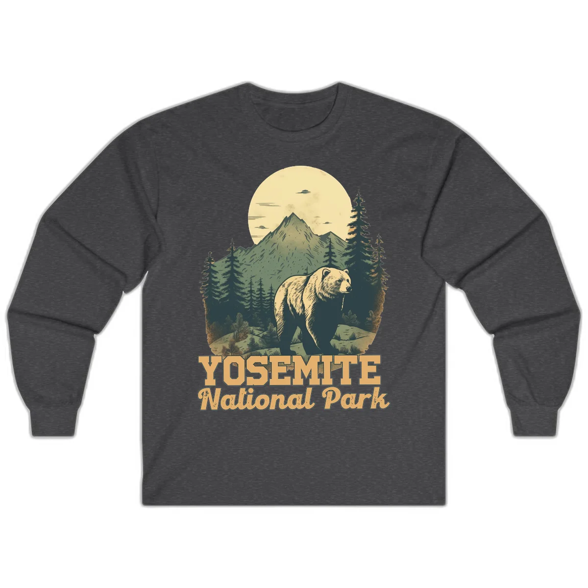 Vintage-style illustration of a grizzly bear before a mountain with full moon, forest, and UFOs—Yosemite National Park design in Dark Heather