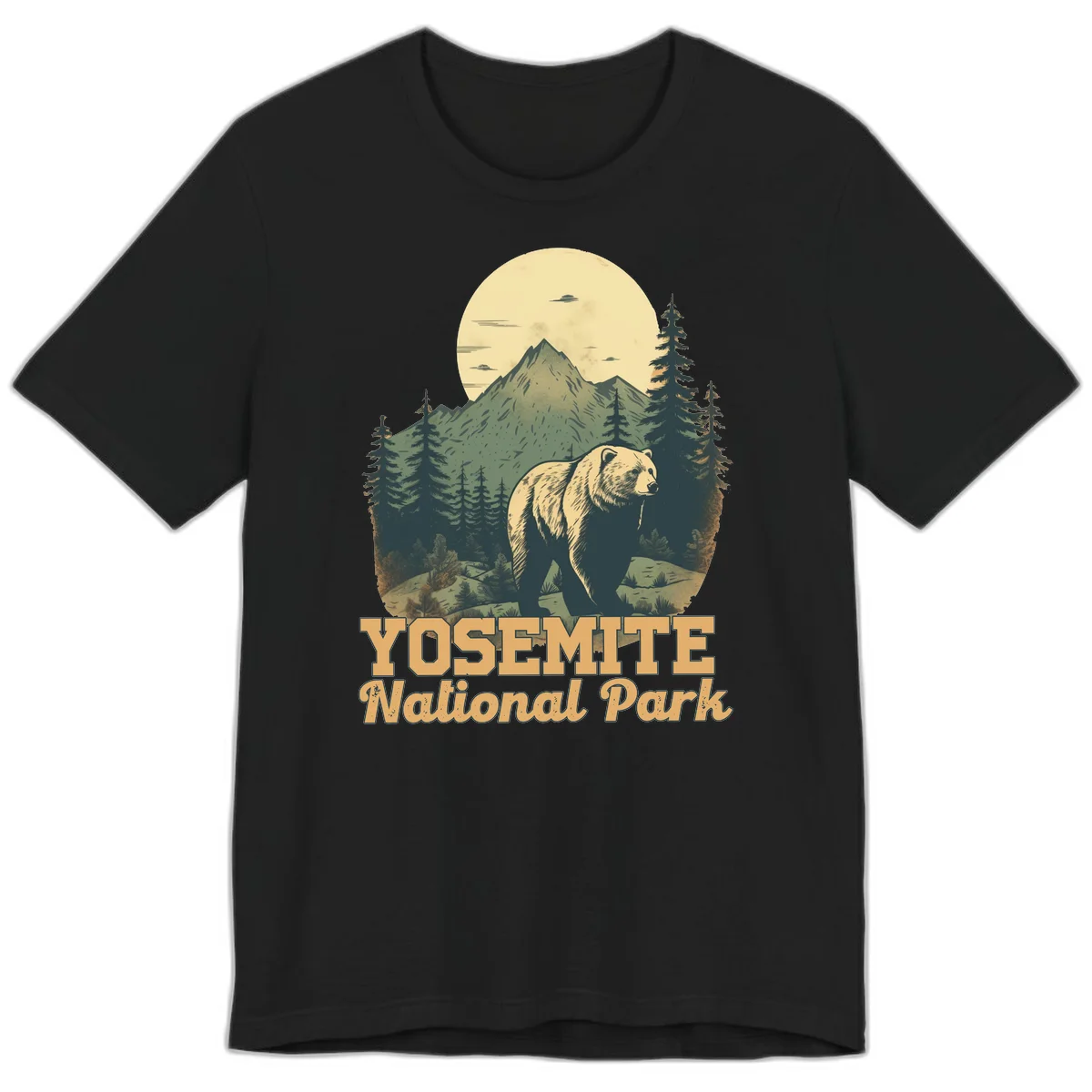 Vintage-style illustration of a grizzly bear before a mountain with full moon, forest, and UFOs—Yosemite National Park design in Black