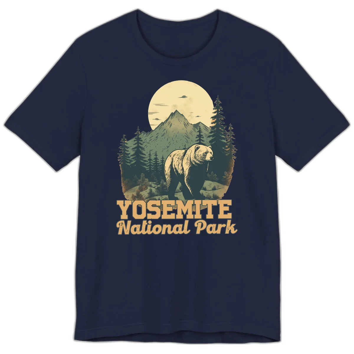 Vintage-style illustration of a grizzly bear before a mountain with full moon, forest, and UFOs—Yosemite National Park design in Navy