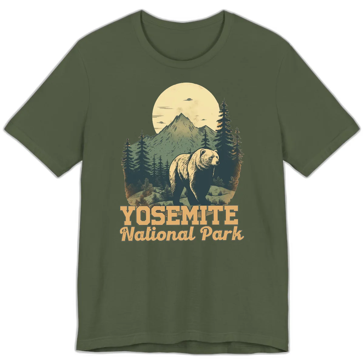 Vintage-style illustration of a grizzly bear before a mountain with full moon, forest, and UFOs—Yosemite National Park design in Military Green