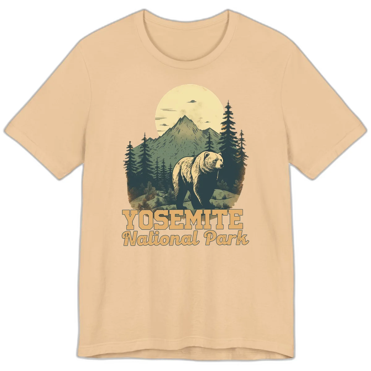 Vintage-style illustration of a grizzly bear before a mountain with full moon, forest, and UFOs—Yosemite National Park design in Sand Dune