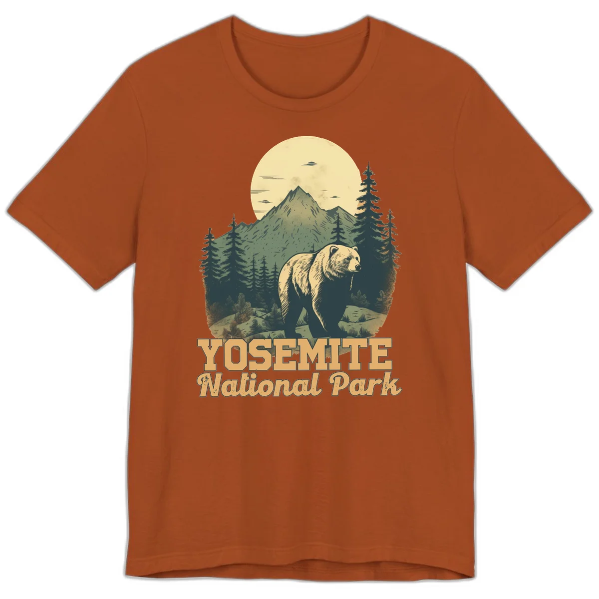 Vintage-style illustration of a grizzly bear before a mountain with full moon, forest, and UFOs—Yosemite National Park design in Autumn