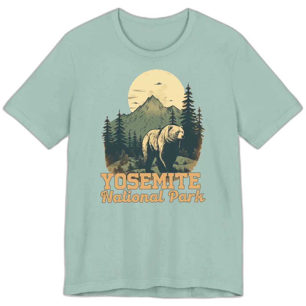 Vintage-style illustration of a grizzly bear before a mountain with full moon, forest, and UFOs—Yosemite National Park design in Dusty Blue