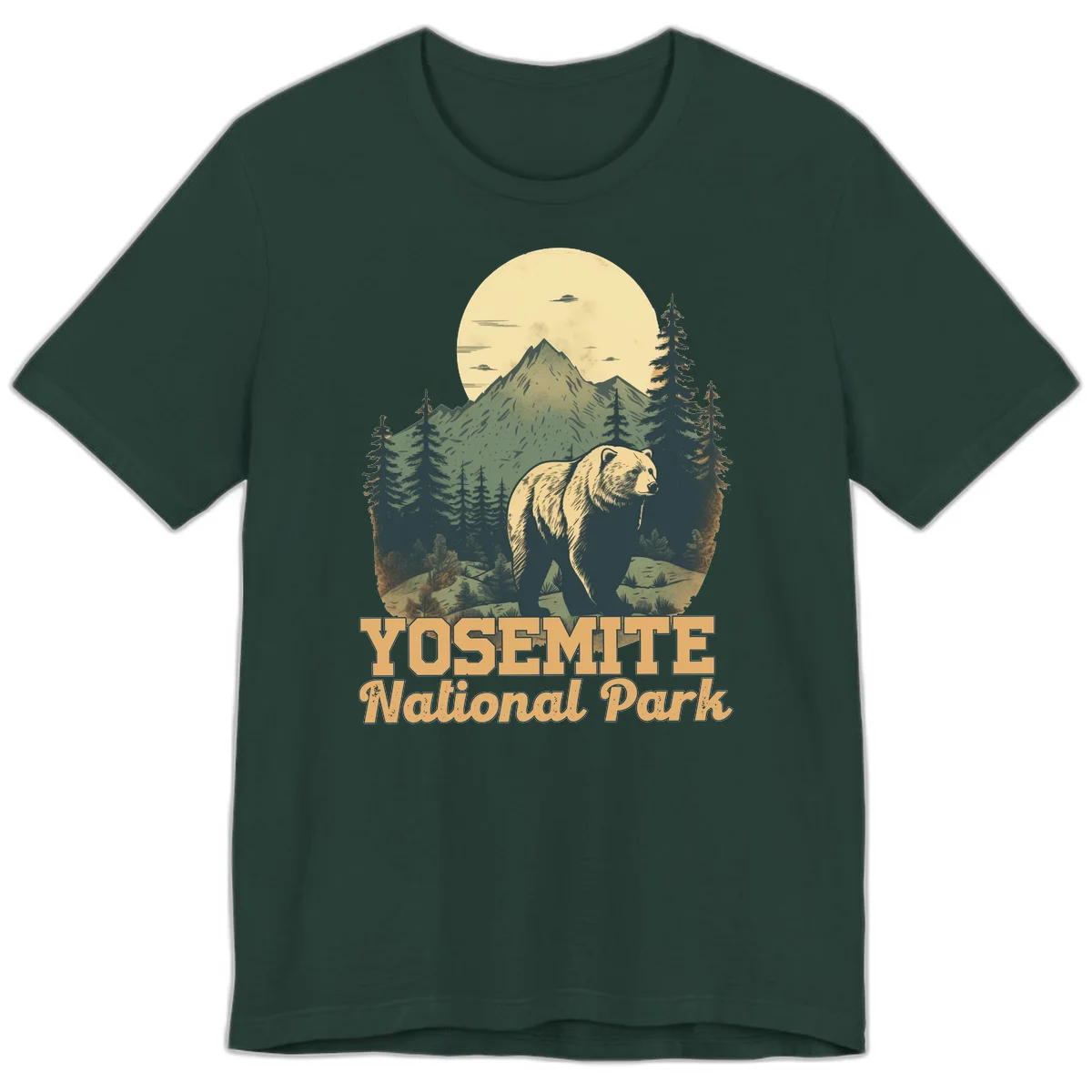 Vintage-style illustration of a grizzly bear before a mountain with full moon, forest, and UFOs—Yosemite National Park design in Forest