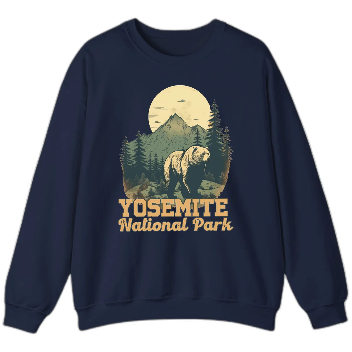 Vintage-style illustration of a grizzly bear before a mountain with full moon, forest, and UFOs—Yosemite National Park design in Navy