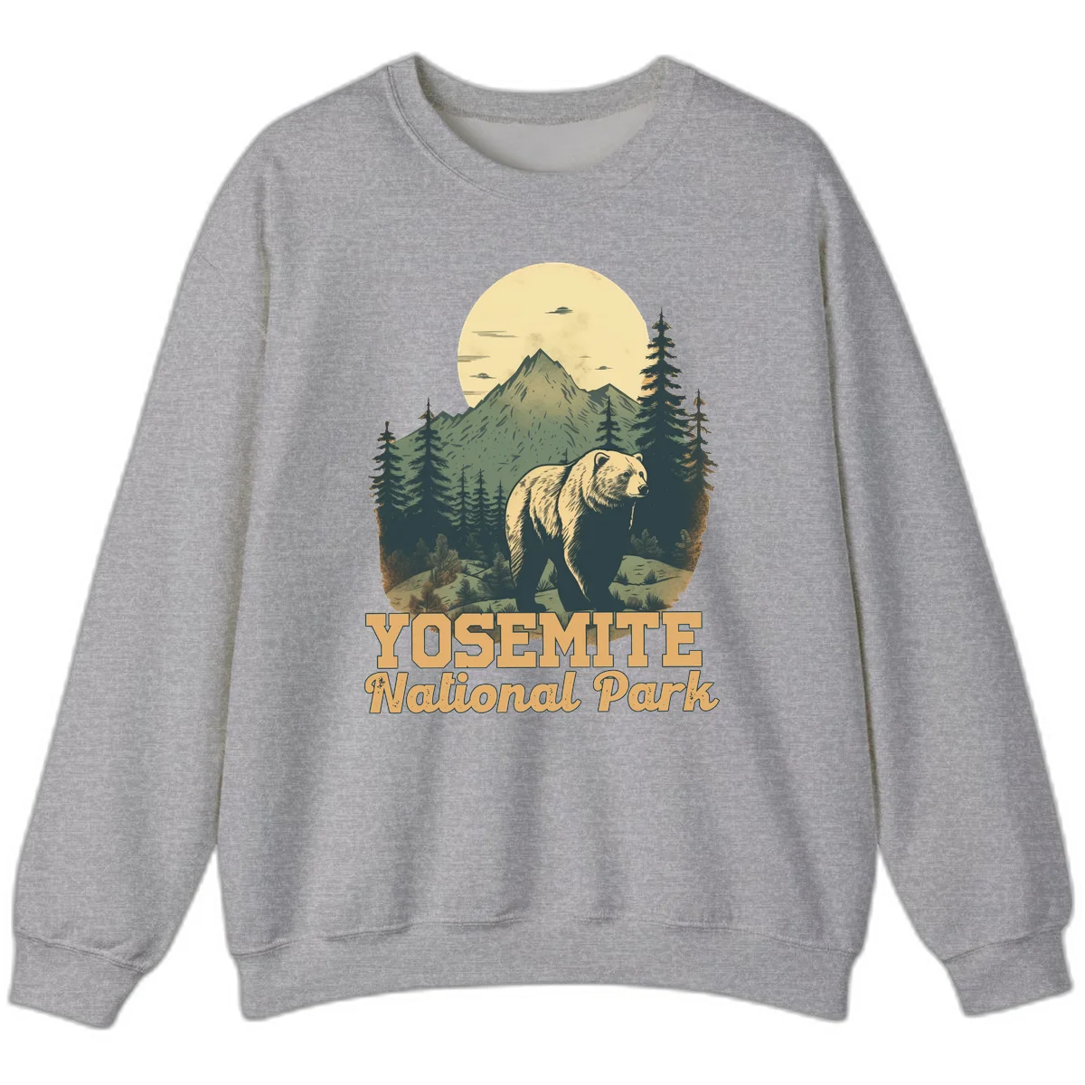 Vintage-style illustration of a grizzly bear before a mountain with full moon, forest, and UFOs—Yosemite National Park design in Sport Grey