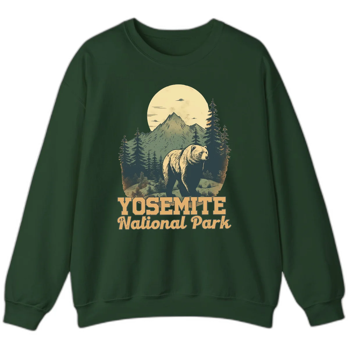 Vintage-style illustration of a grizzly bear before a mountain with full moon, forest, and UFOs—Yosemite National Park design in Forest Green
