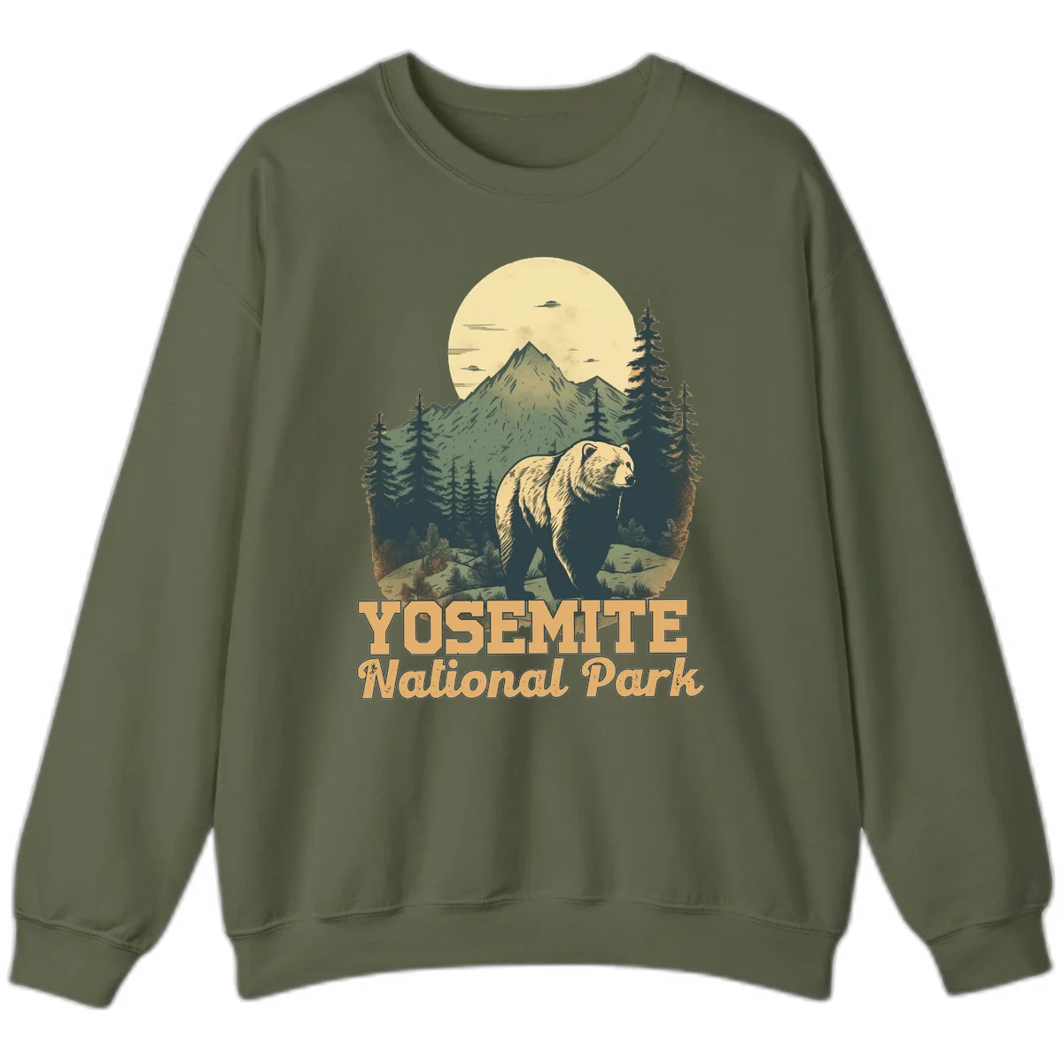 Vintage-style illustration of a grizzly bear before a mountain with full moon, forest, and UFOs—Yosemite National Park design in Military Green