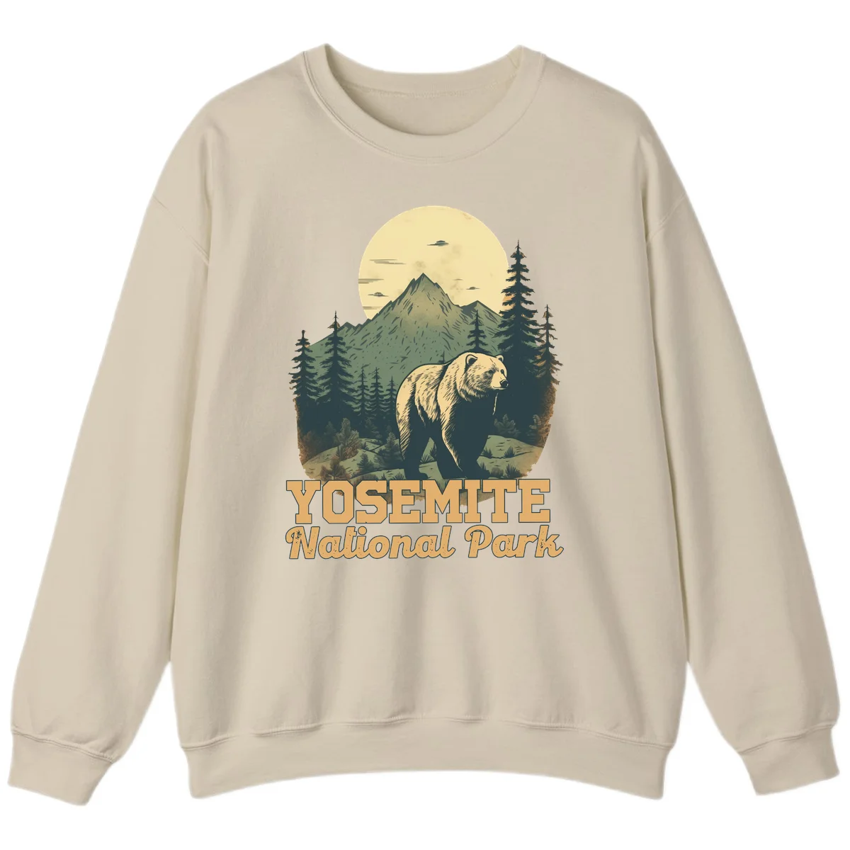 Vintage-style illustration of a grizzly bear before a mountain with full moon, forest, and UFOs—Yosemite National Park design in Sand