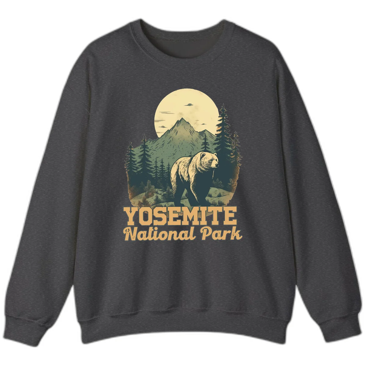 Vintage-style illustration of a grizzly bear before a mountain with full moon, forest, and UFOs—Yosemite National Park design in Dark Heather