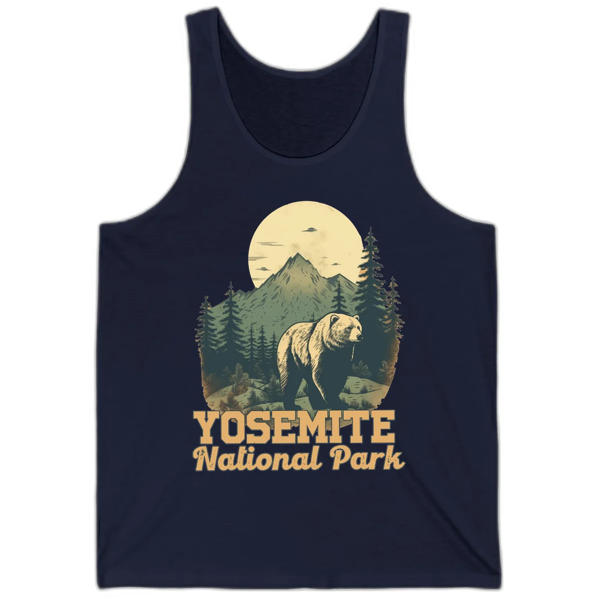 Vintage-style illustration of a grizzly bear before a mountain with full moon, forest, and UFOs—Yosemite National Park design in Navy