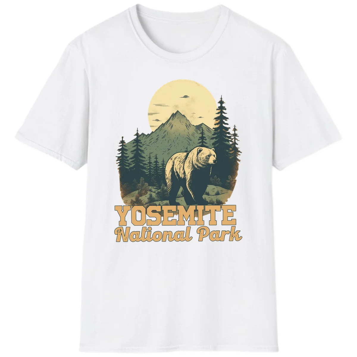 Vintage-style illustration of a grizzly bear before a mountain with full moon, forest, and UFOs—Yosemite National Park design in White