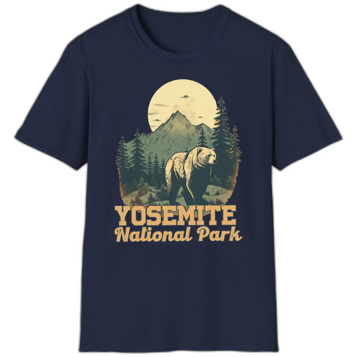 Vintage-style illustration of a grizzly bear before a mountain with full moon, forest, and UFOs—Yosemite National Park design in Navy