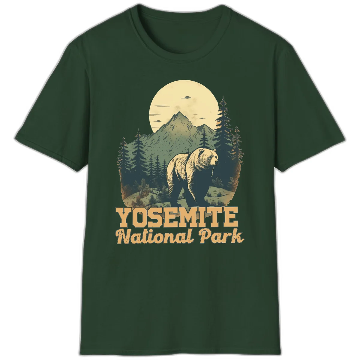 Vintage-style illustration of a grizzly bear before a mountain with full moon, forest, and UFOs—Yosemite National Park design in Forest Green