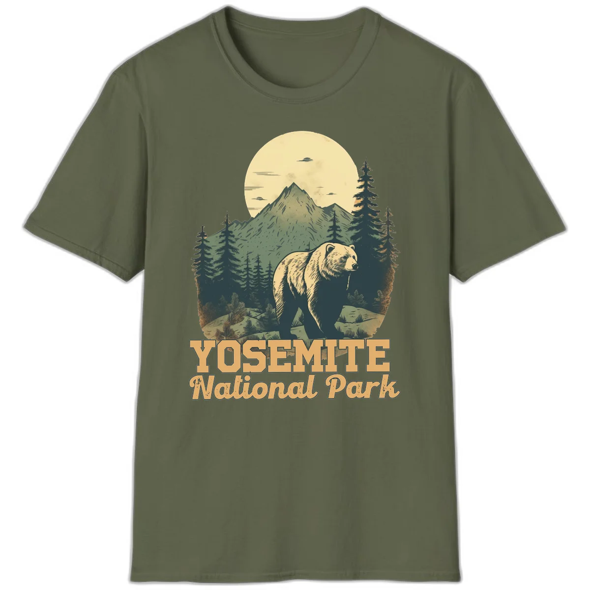 Vintage-style illustration of a grizzly bear before a mountain with full moon, forest, and UFOs—Yosemite National Park design in Military Green