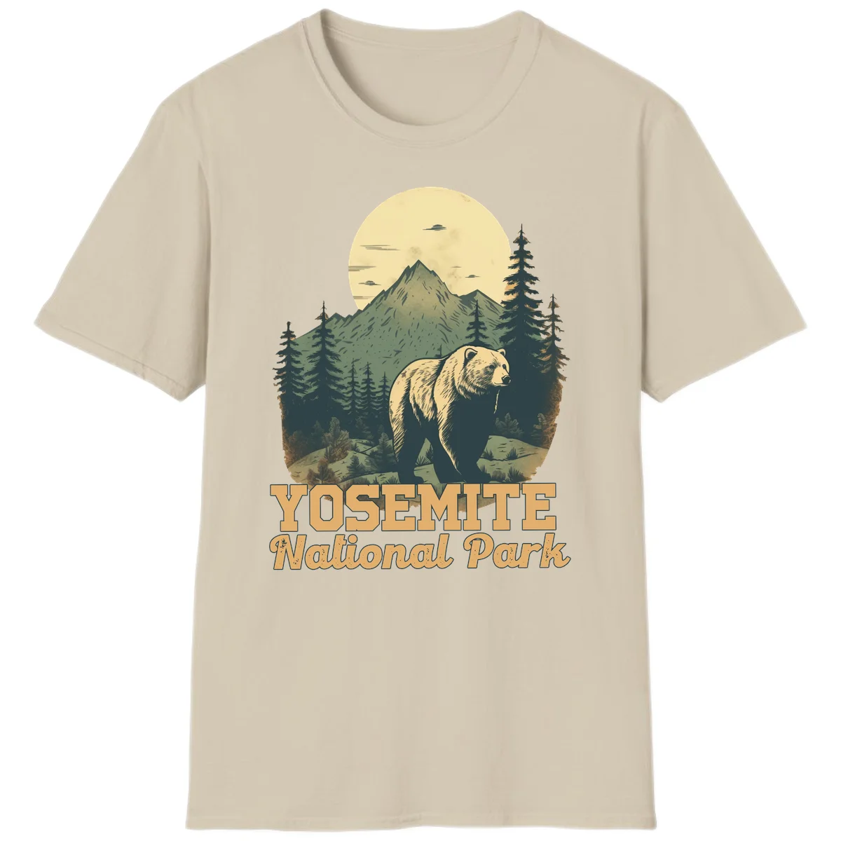 Vintage-style illustration of a grizzly bear before a mountain with full moon, forest, and UFOs—Yosemite National Park design in Sand