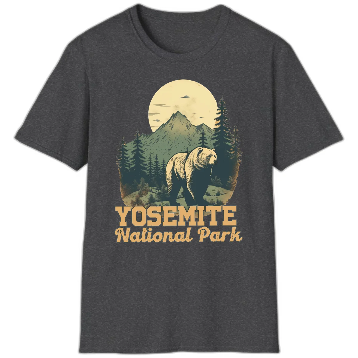 Vintage-style illustration of a grizzly bear before a mountain with full moon, forest, and UFOs—Yosemite National Park design in Dark Heather