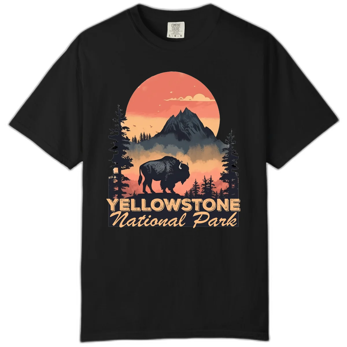 Yellowstone bison national park design: silhouette of a bison in misty forest with mountain peak and sunset sky in Black