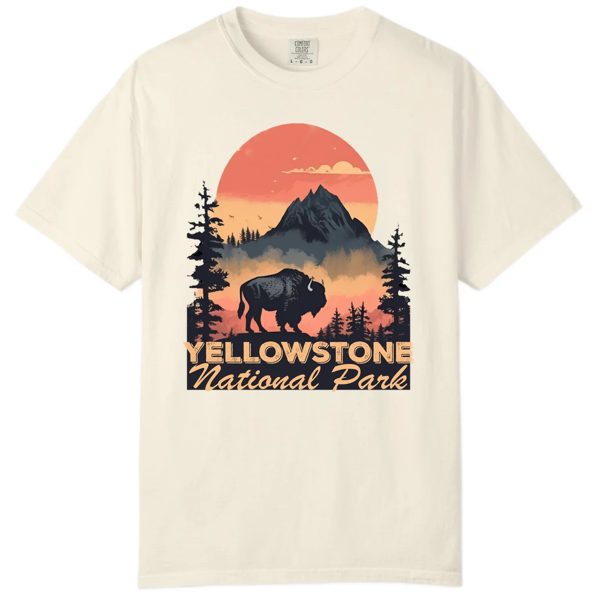 Yellowstone bison national park design: silhouette of a bison in misty forest with mountain peak and sunset sky in Ivory