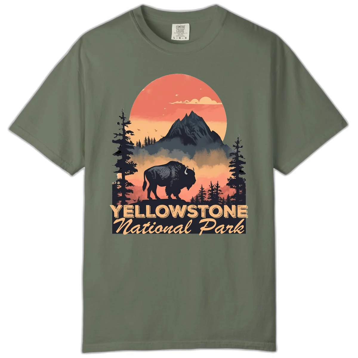 Yellowstone bison national park design: silhouette of a bison in misty forest with mountain peak and sunset sky in Moss