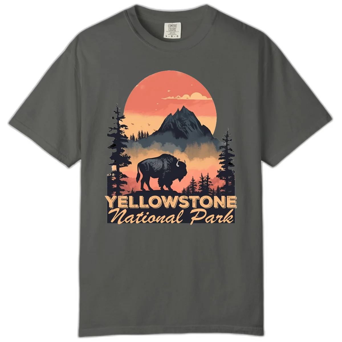 Yellowstone bison national park design: silhouette of a bison in misty forest with mountain peak and sunset sky in Pepper