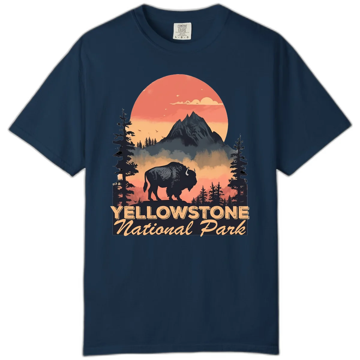 Yellowstone bison national park design: silhouette of a bison in misty forest with mountain peak and sunset sky in True Navy