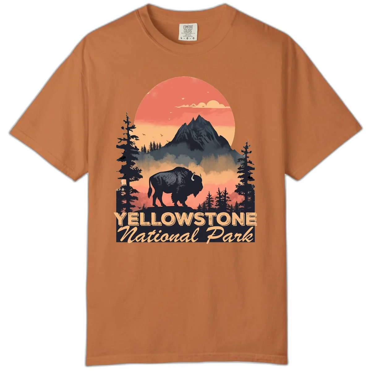 Yellowstone bison national park design: silhouette of a bison in misty forest with mountain peak and sunset sky in Yam
