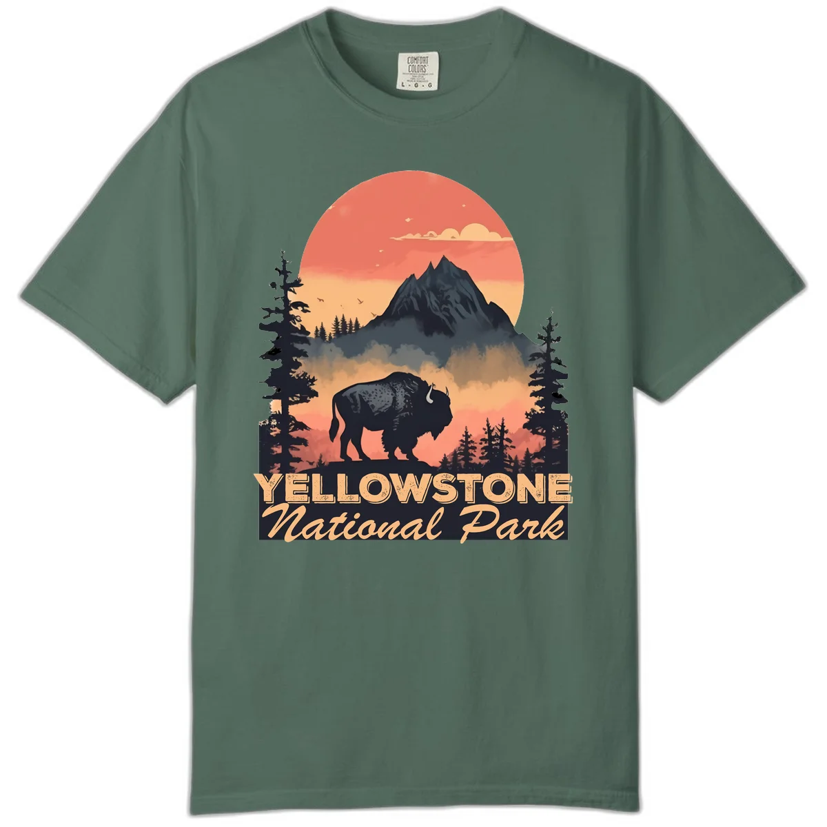 Yellowstone bison national park design: silhouette of a bison in misty forest with mountain peak and sunset sky in Blue Spruce