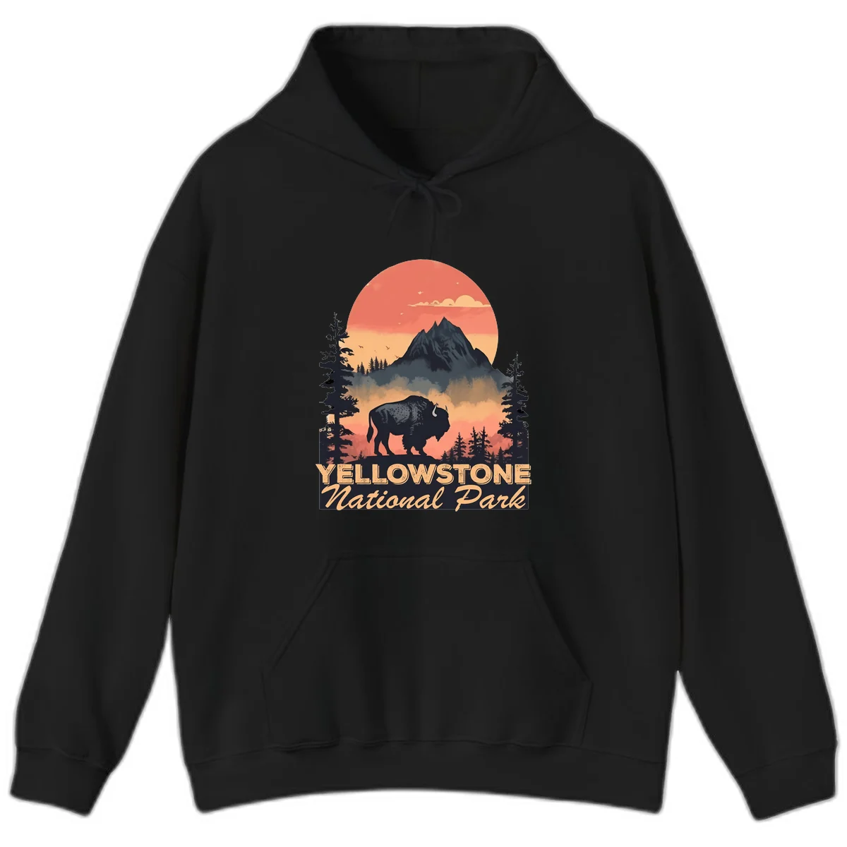 Yellowstone bison national park design: silhouette of a bison in misty forest with mountain peak and sunset sky in Black
