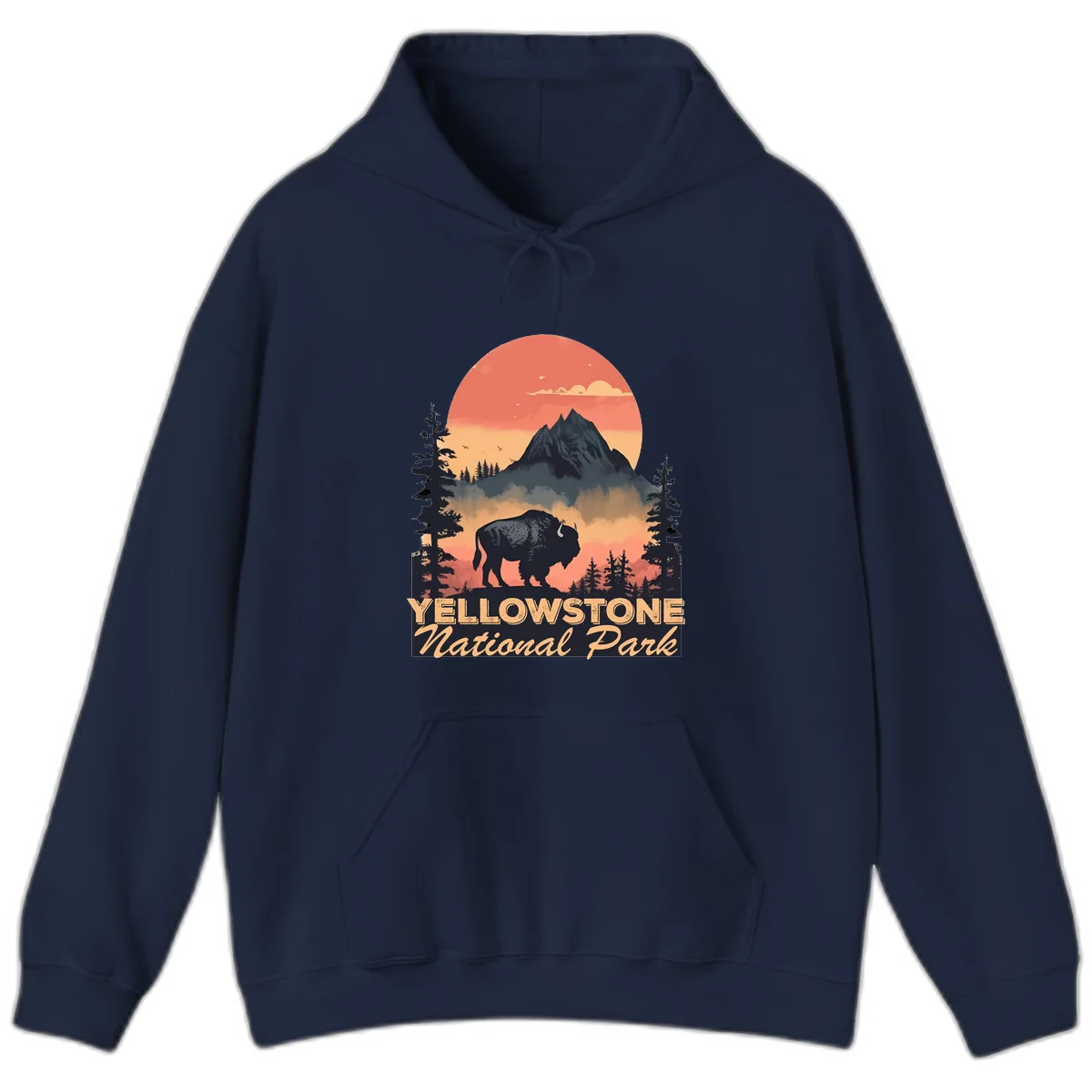 Yellowstone bison national park design: silhouette of a bison in misty forest with mountain peak and sunset sky in Navy
