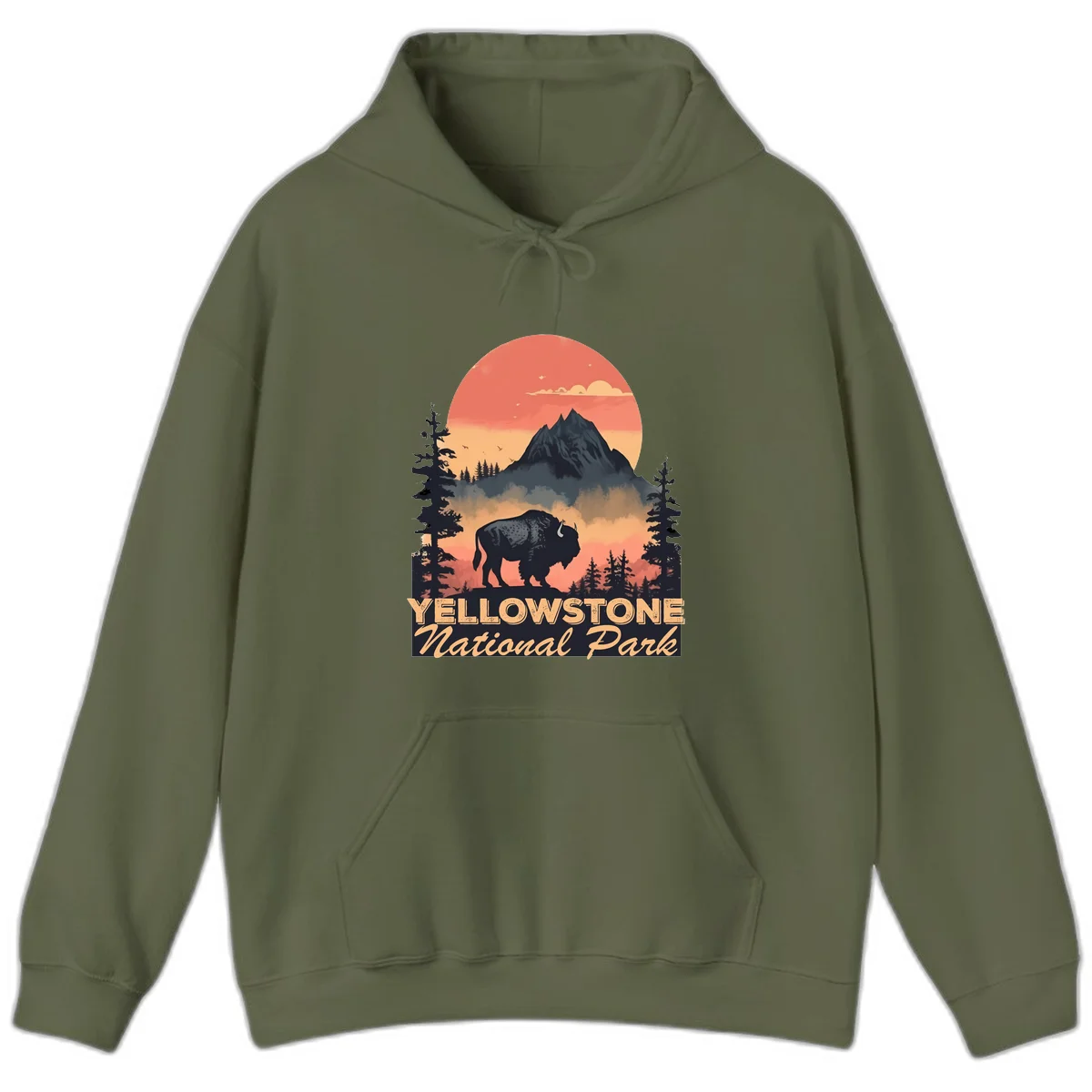 Yellowstone bison national park design: silhouette of a bison in misty forest with mountain peak and sunset sky in Military Green