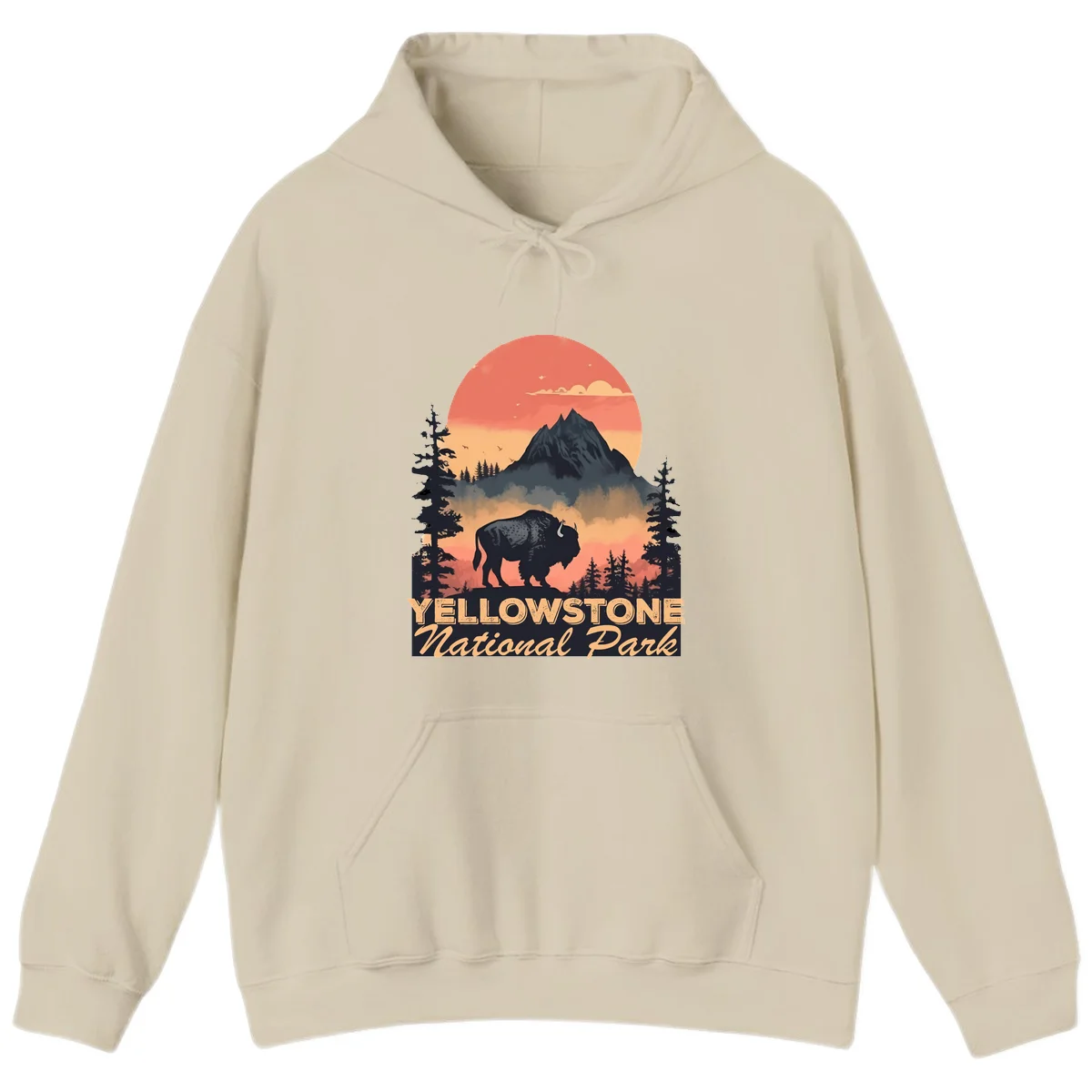 Yellowstone bison national park design: silhouette of a bison in misty forest with mountain peak and sunset sky in Sand