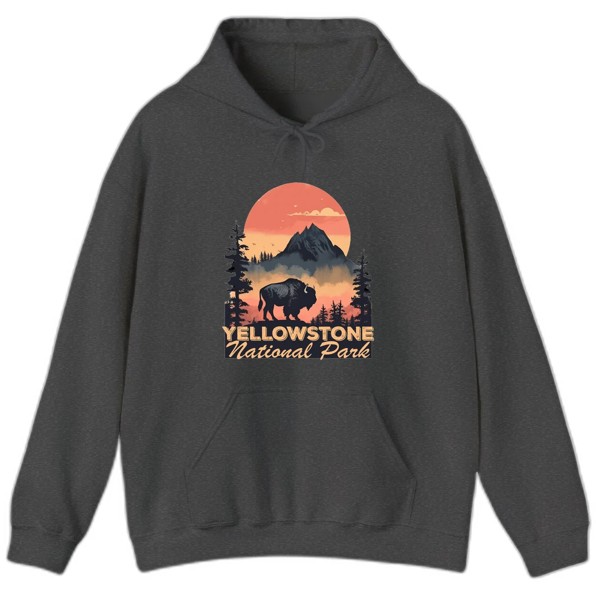 Yellowstone bison national park design: silhouette of a bison in misty forest with mountain peak and sunset sky in Dark Heather