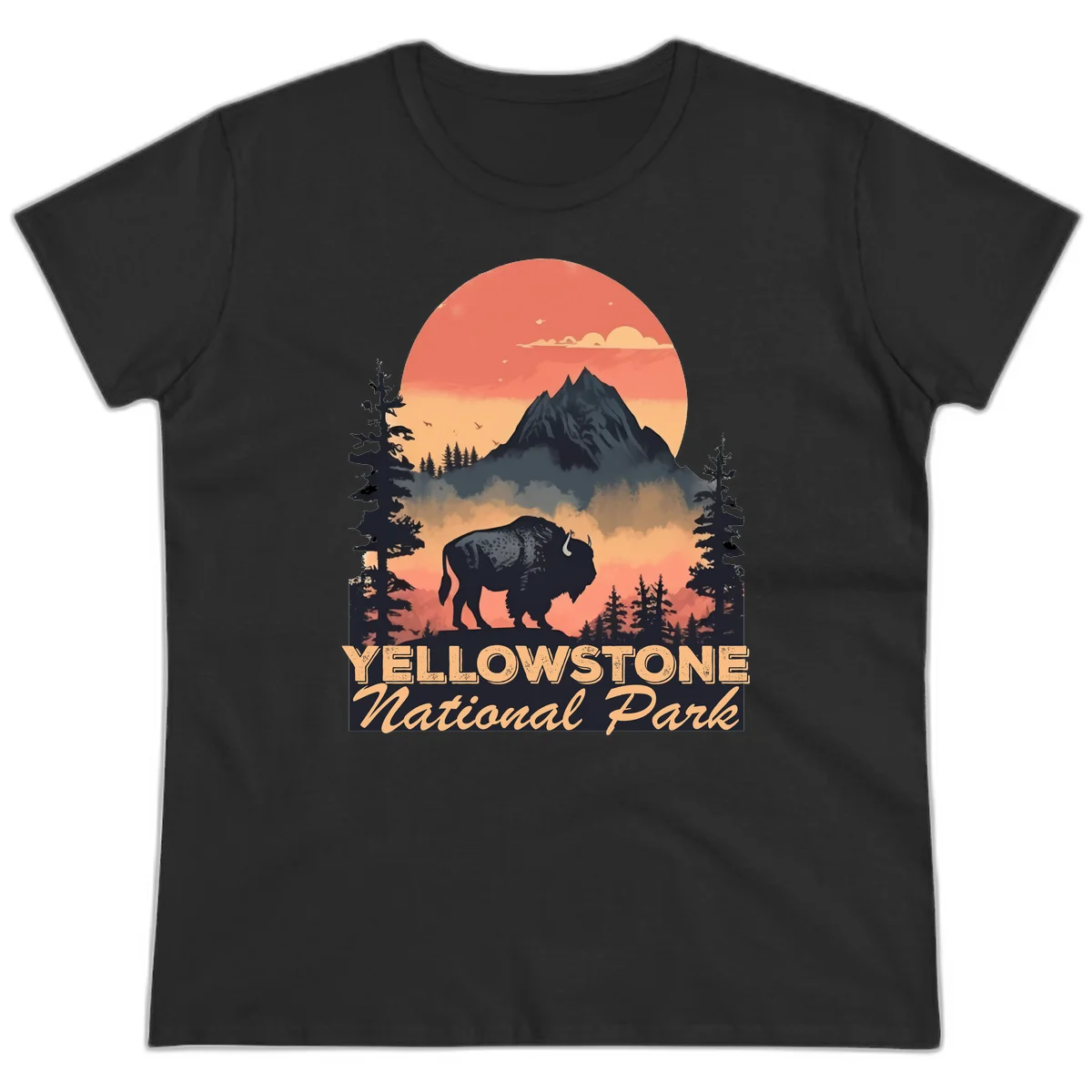 Yellowstone bison national park design: silhouette of a bison in misty forest with mountain peak and sunset sky in Black
