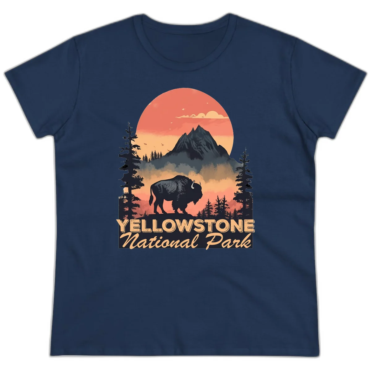 Yellowstone bison national park design: silhouette of a bison in misty forest with mountain peak and sunset sky in Navy