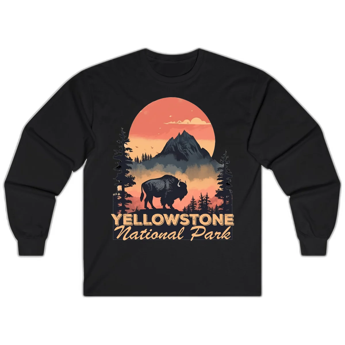 Yellowstone bison national park design: silhouette of a bison in misty forest with mountain peak and sunset sky in Black