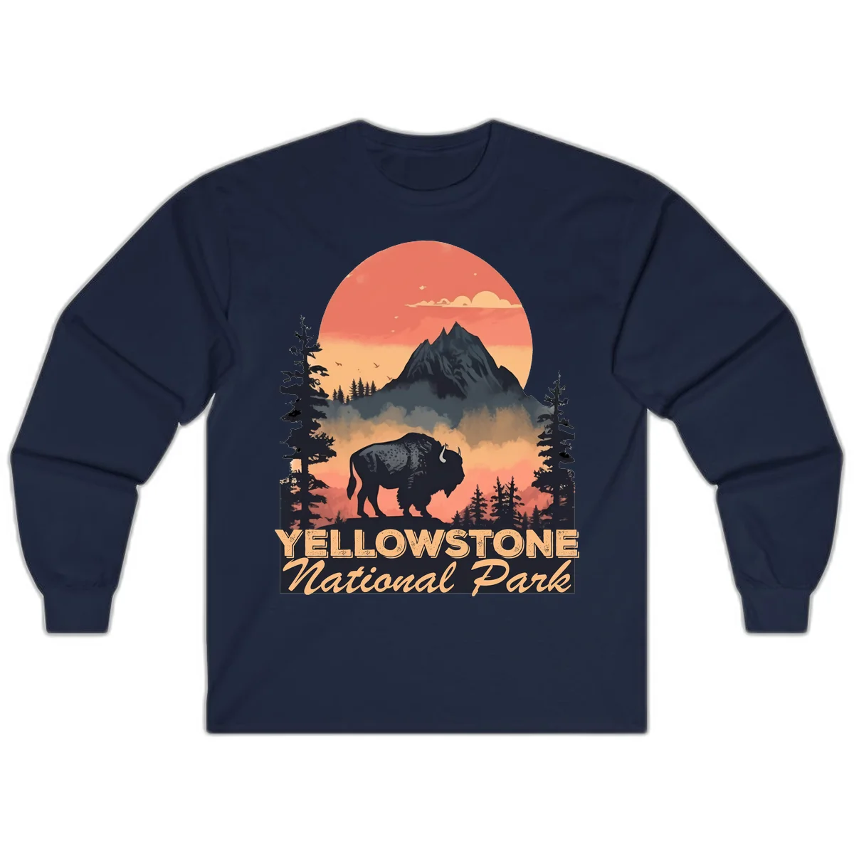 Yellowstone bison national park design: silhouette of a bison in misty forest with mountain peak and sunset sky in Navy