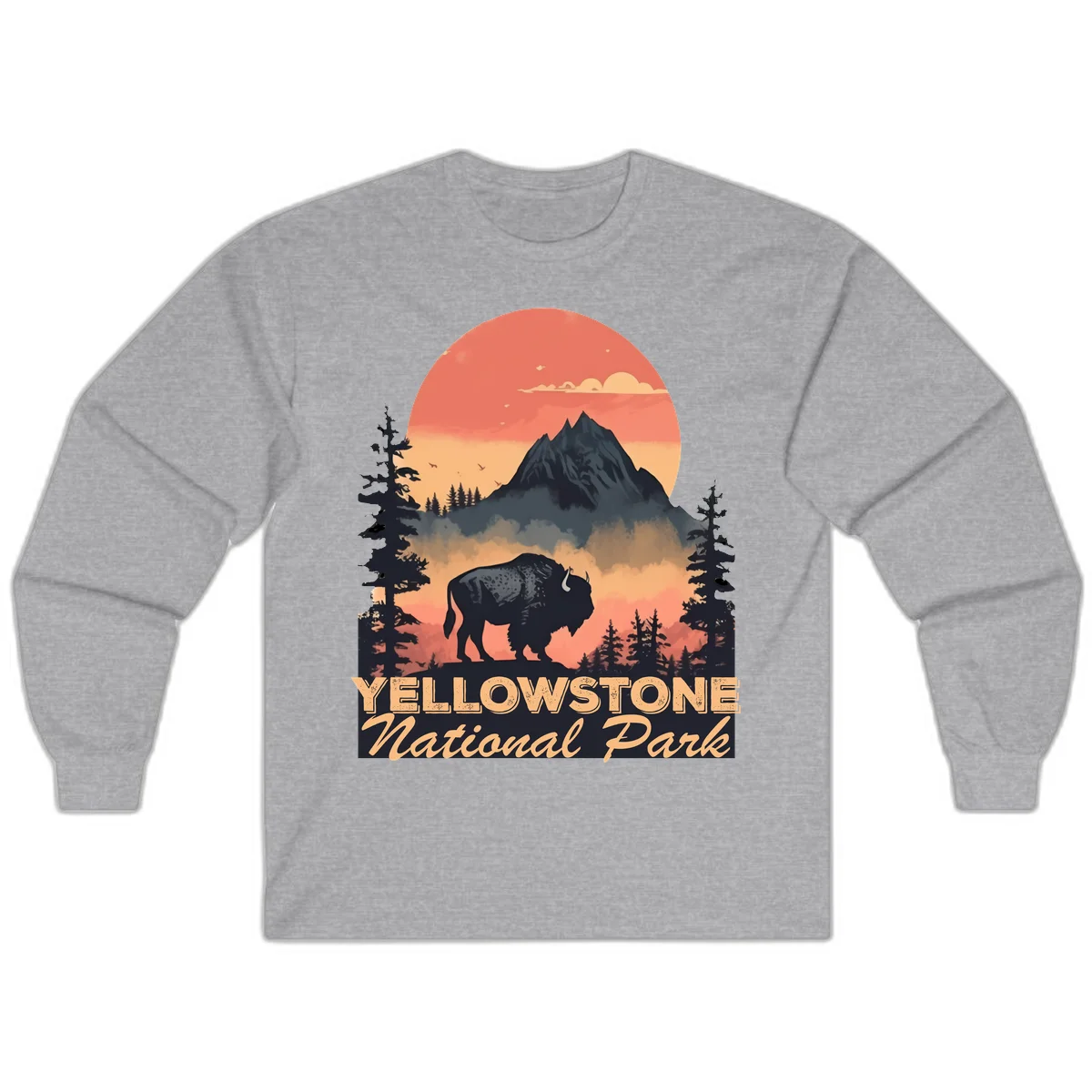 Yellowstone bison national park design: silhouette of a bison in misty forest with mountain peak and sunset sky in Sport Grey