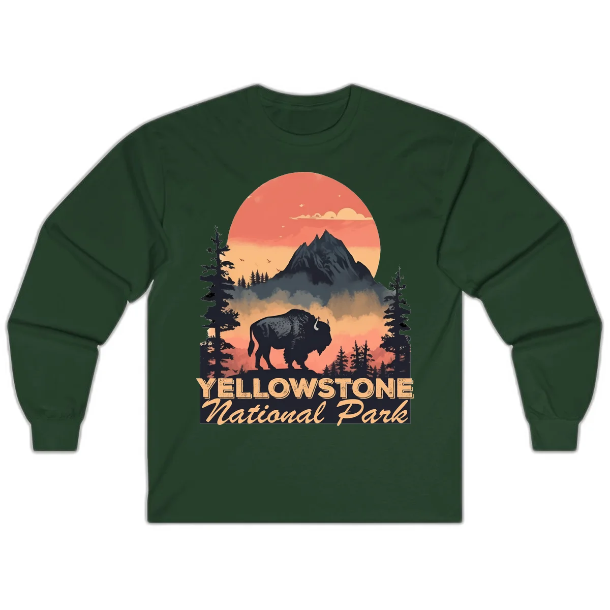 Yellowstone bison national park design: silhouette of a bison in misty forest with mountain peak and sunset sky in Forest Green