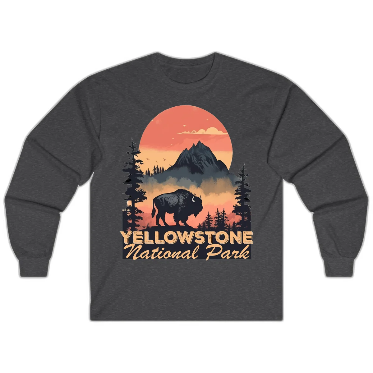 Yellowstone bison national park design: silhouette of a bison in misty forest with mountain peak and sunset sky in Dark Heather