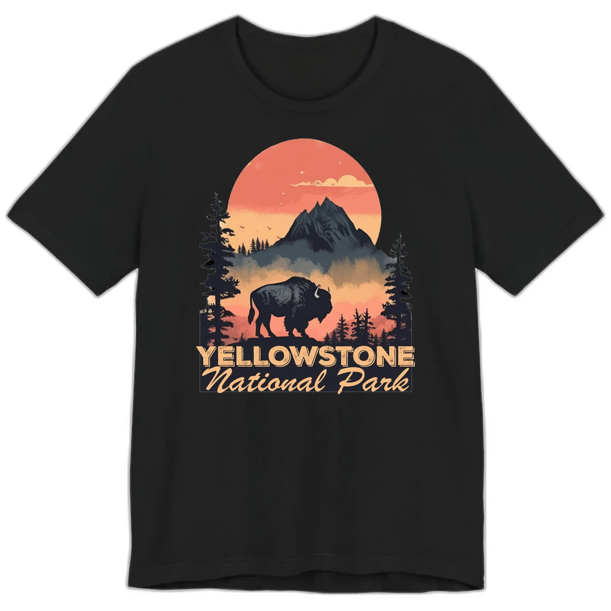 Yellowstone bison national park design: silhouette of a bison in misty forest with mountain peak and sunset sky in Black