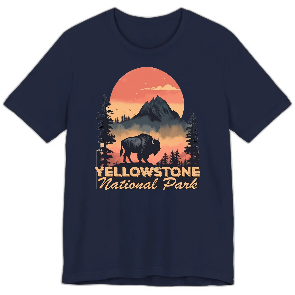 Yellowstone bison national park design: silhouette of a bison in misty forest with mountain peak and sunset sky in Navy