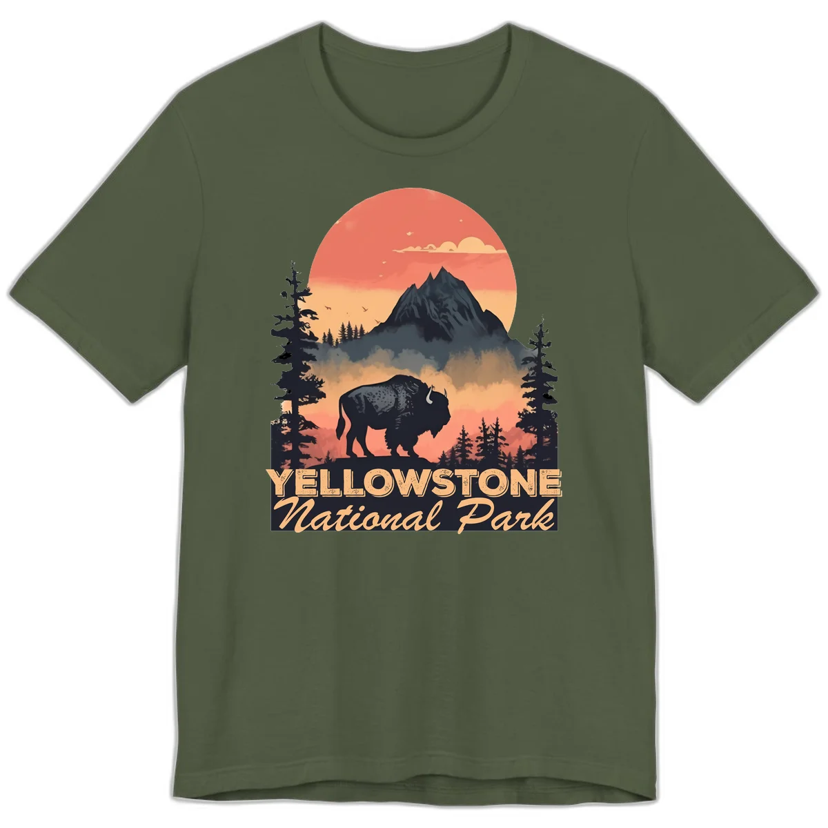 Yellowstone bison national park design: silhouette of a bison in misty forest with mountain peak and sunset sky in Military Green
