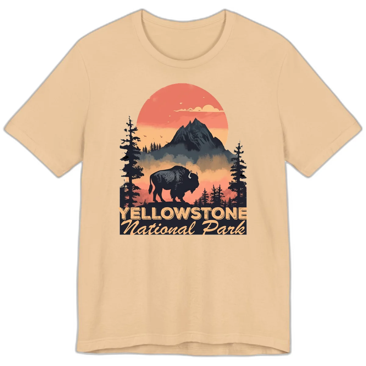 Yellowstone bison national park design: silhouette of a bison in misty forest with mountain peak and sunset sky in Sand Dune