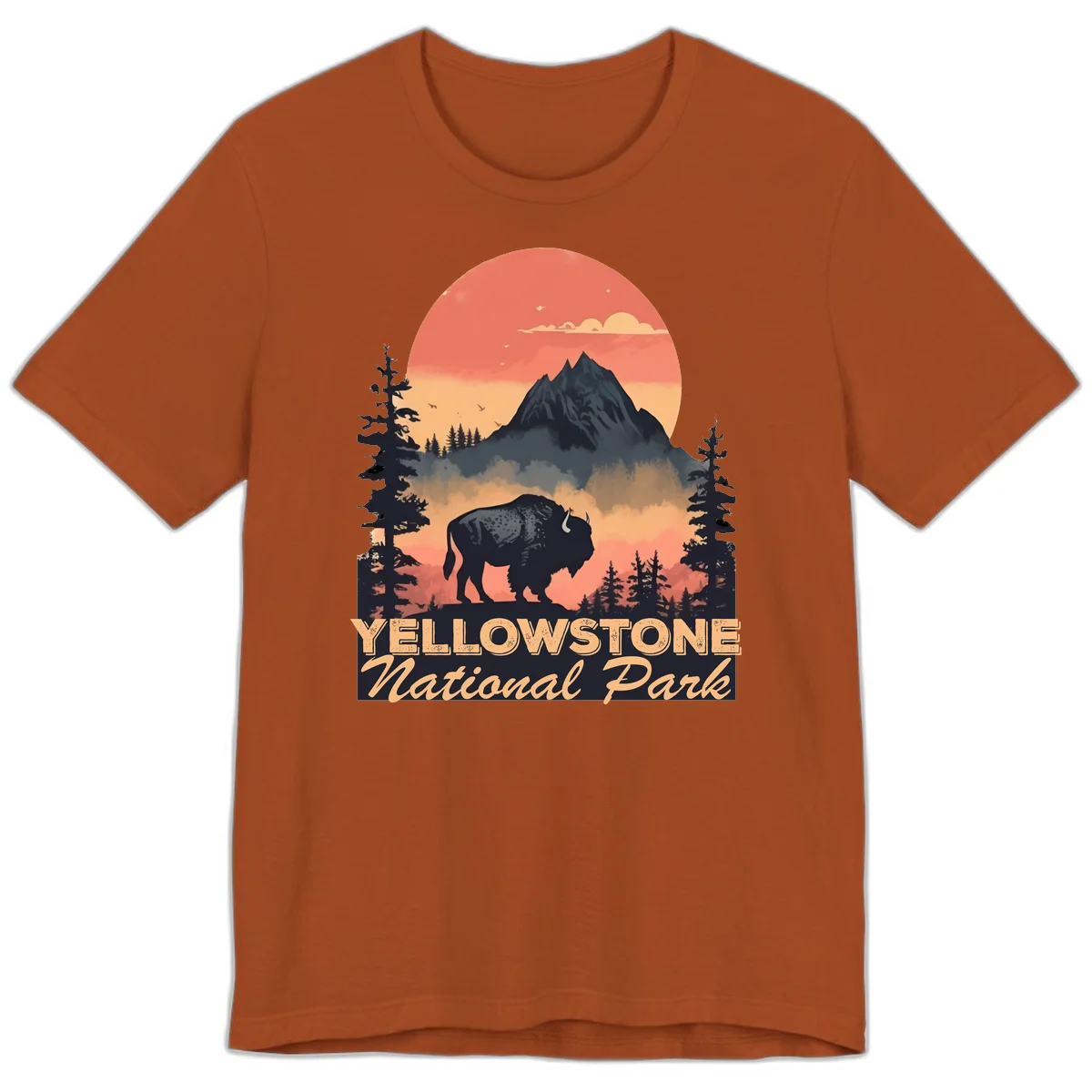 Yellowstone bison national park design: silhouette of a bison in misty forest with mountain peak and sunset sky in Autumn