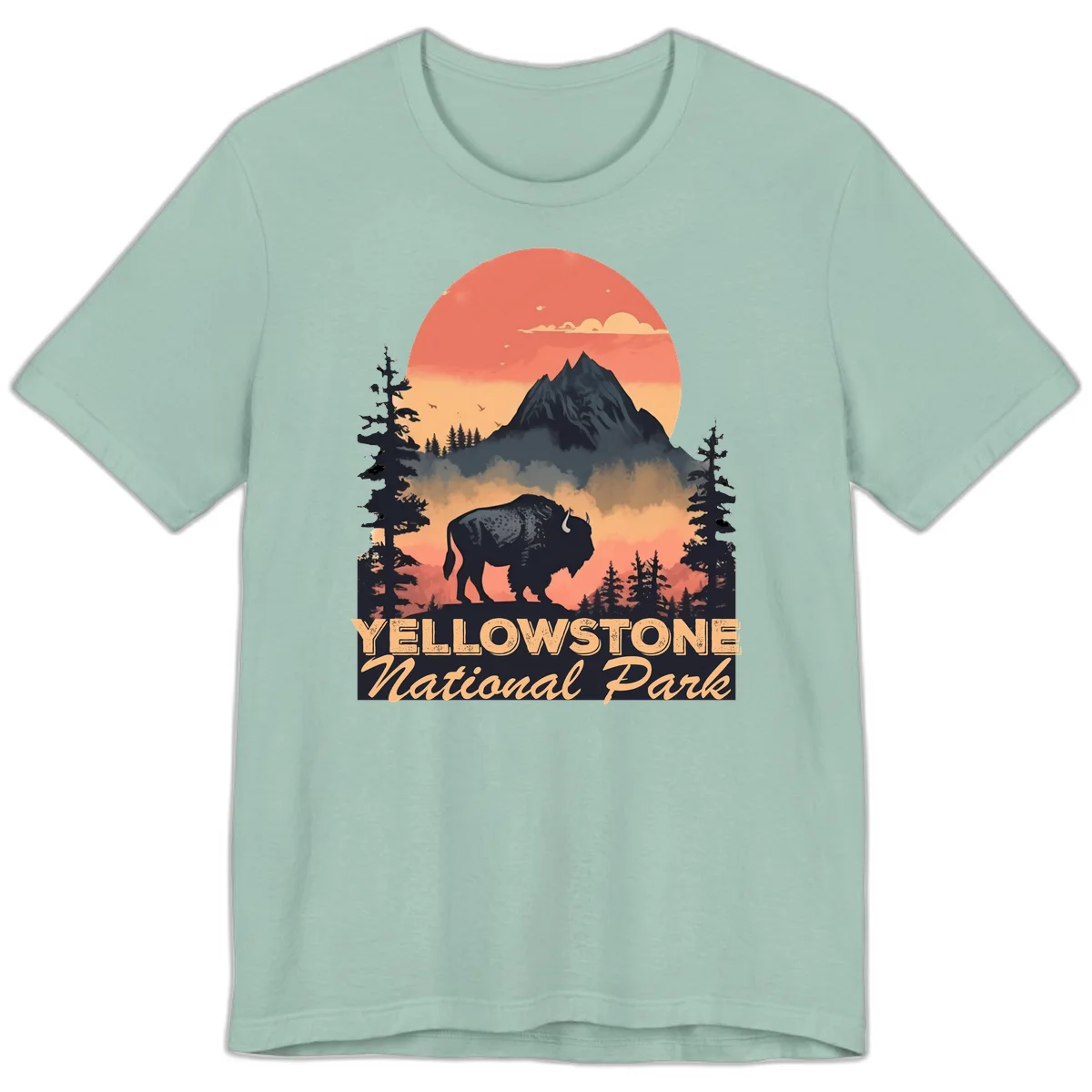 Yellowstone bison national park design: silhouette of a bison in misty forest with mountain peak and sunset sky in Dusty Blue